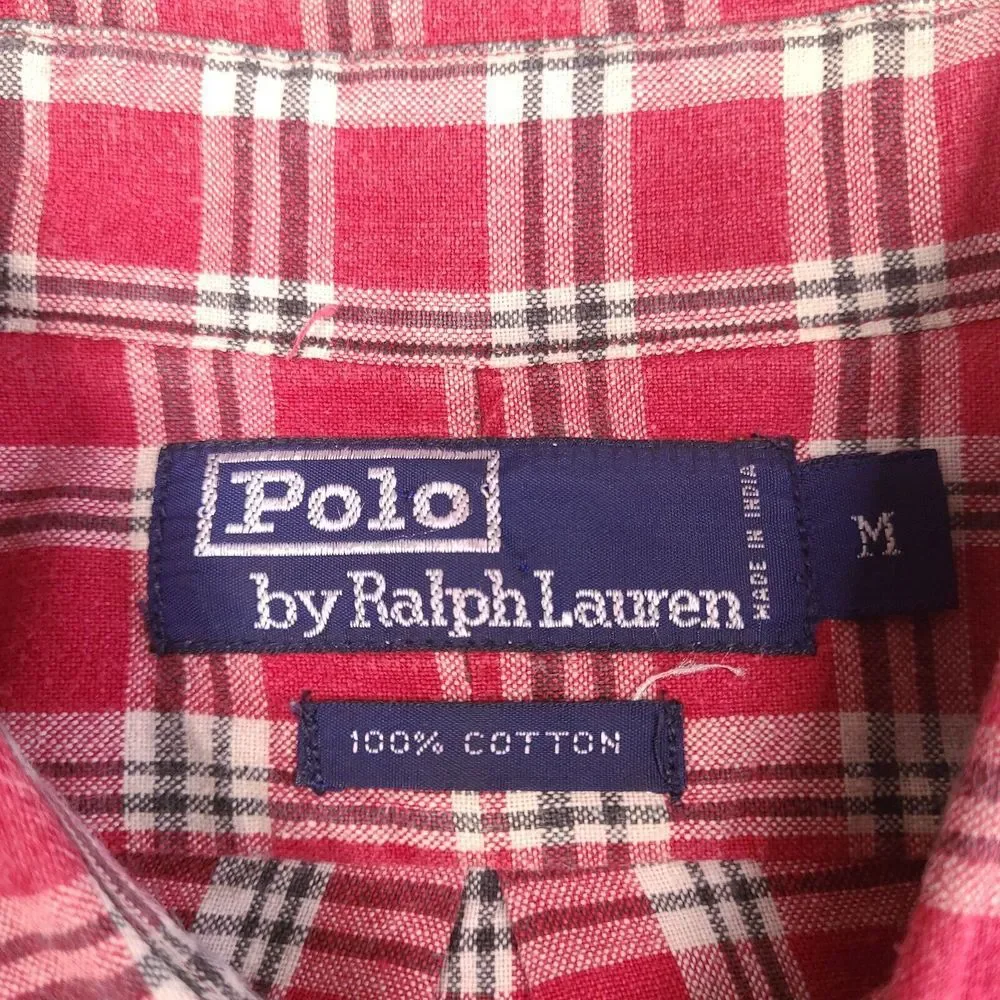 Vintage Polo Ralph Lauren Shirt Mens Medium Red Tartan Plaid Button‎ Down Cotton